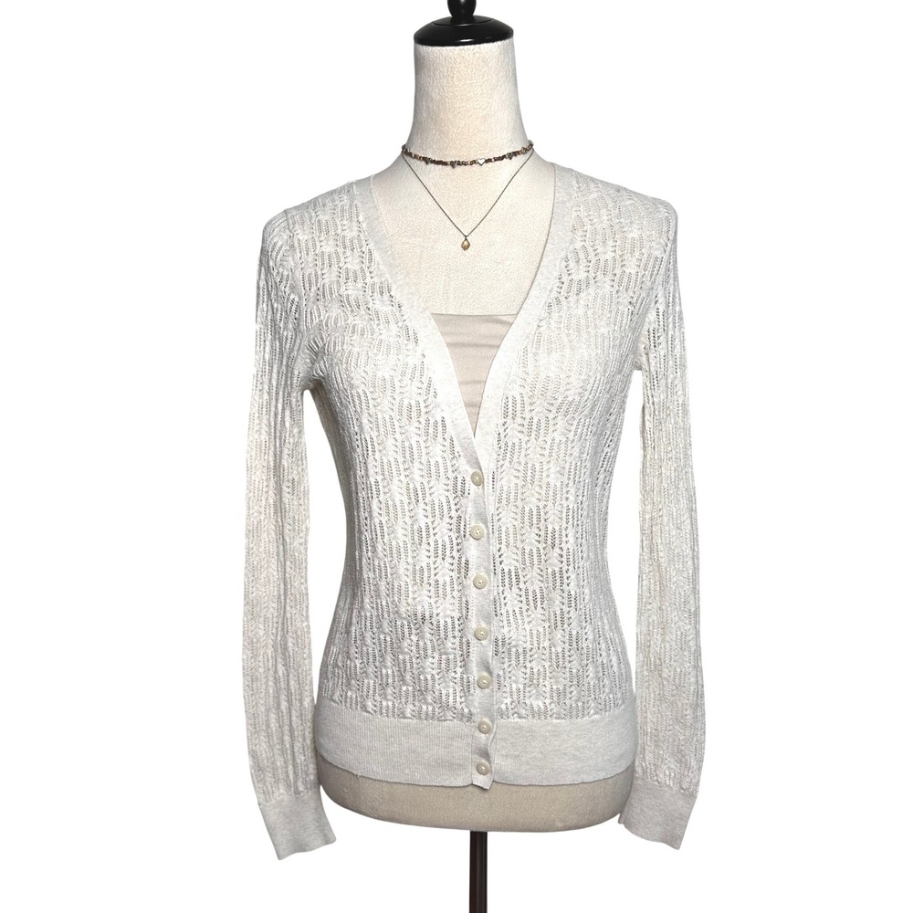 Moda International Y2K Cream Pointelle Open Knit V-Neck Cardigan Sweater